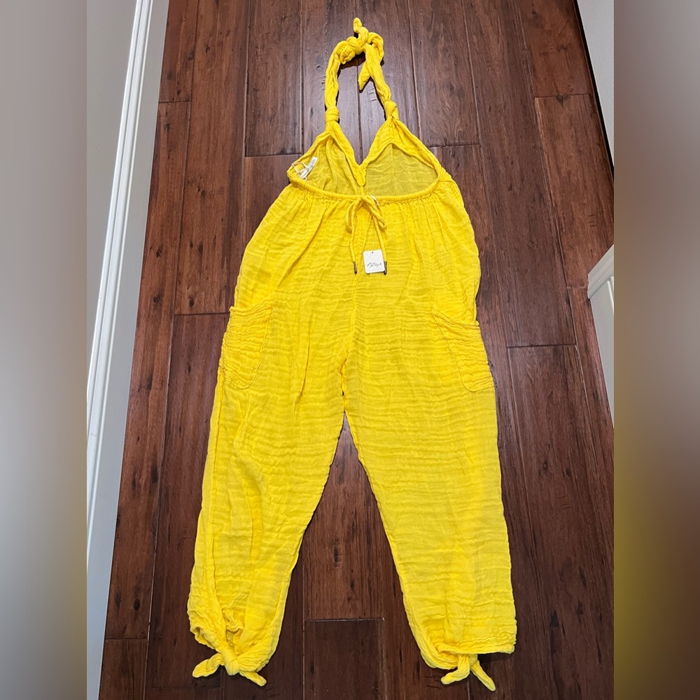 Free People Free-est Knot It Up Low Back Jumpsuit Halter Bohemian Gauze Yellow - Picture 8 of 12